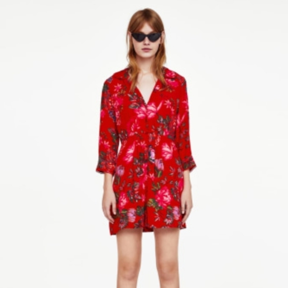 Zara Woman‎ Red Floral Dress button down Small